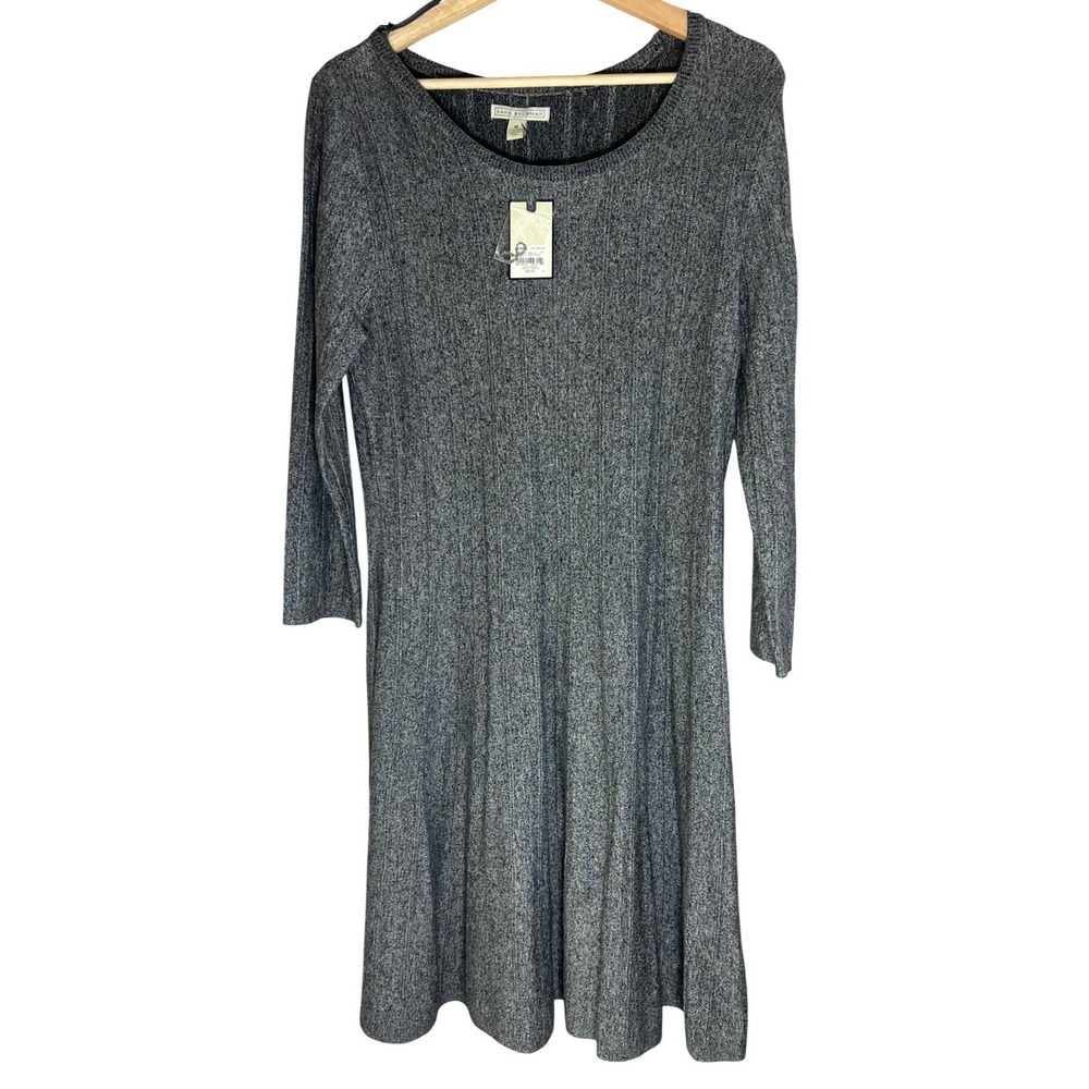 Dana Buchman Gray Ribbed Knit Fit & Flare Long Sleeve Dress M NWT Dark Academia